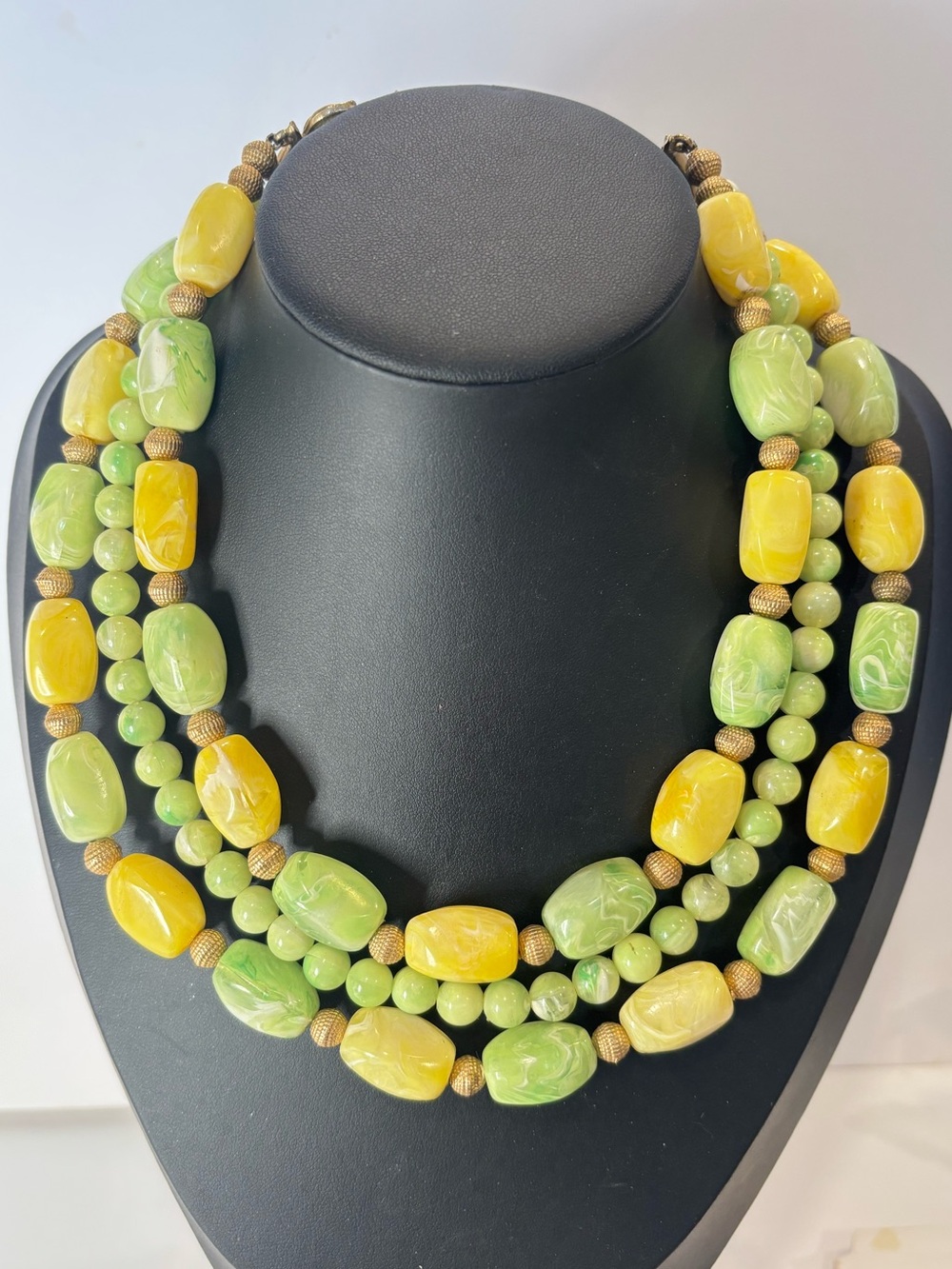 Coro Yellow & Light Green Three-Strand Bead Necklace